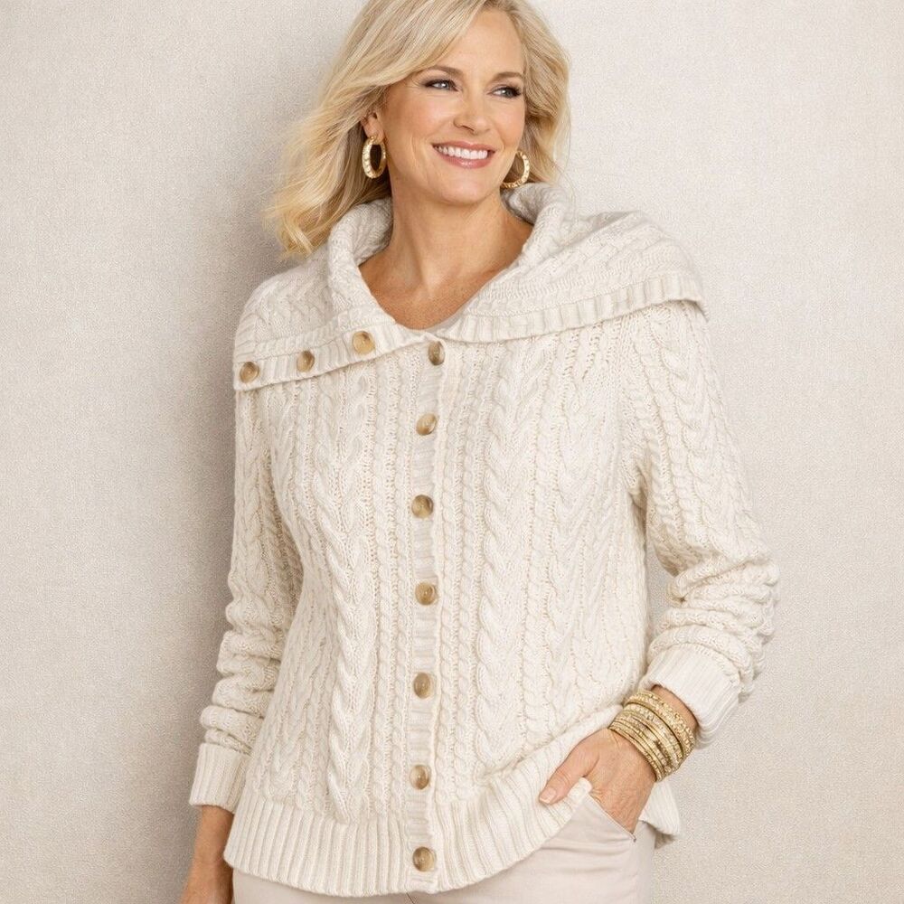Lands End Chunky Fisherman Cable Knit Button Sweater